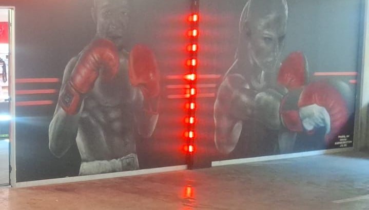 Hand-painted boxer murals on the training floor at Box 2 B Fit Gym